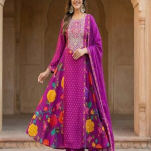 Flowy Floral Print And Hadwork Anarkali Set